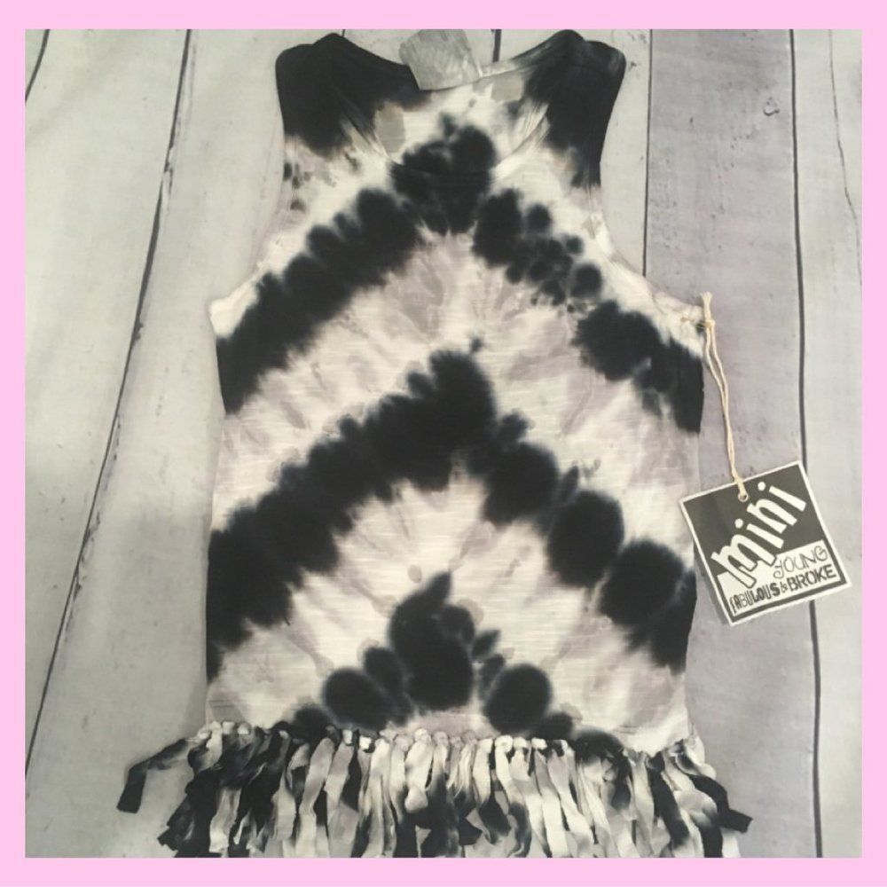 NWT, MINI Young, Broke, & Fabulous Girls Tie-Dye Fringe Tank -Black/Grey & White - Picture 2 of 3